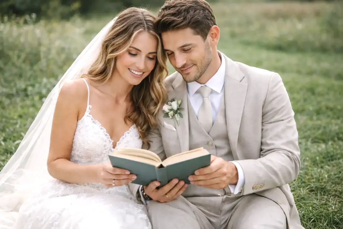 La coppia sta leggendo il libro di Matteo Rosati, una guida dedicata all'organizzazione del loro giorno più bello.