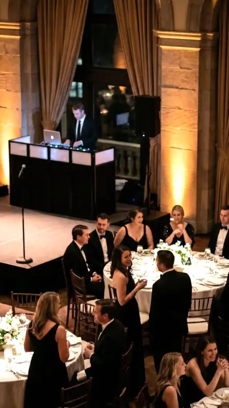 Sala meeting aziendale con palco, schermo e impianto audio professionale