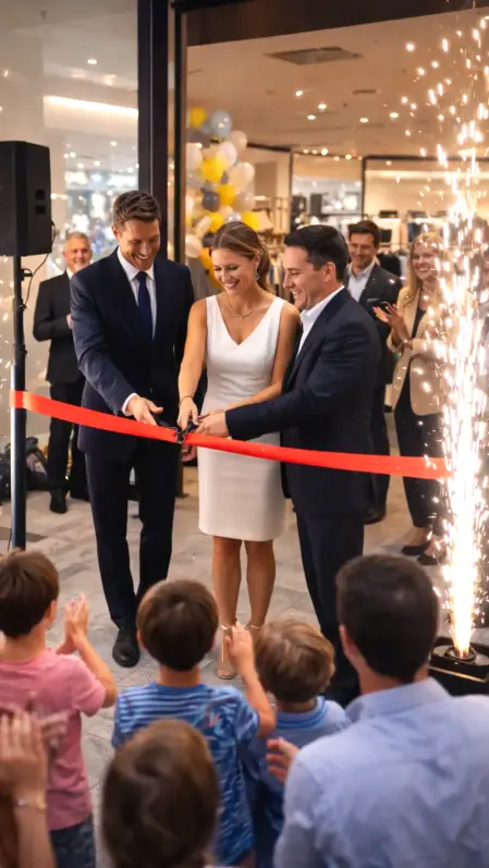 Inaugurazione di un negozio in centro commerciale con musica e animazione e fontane luminose fredde