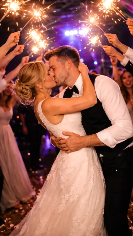 Gli sposi si baciano emozionati insieme agli Invitati sulla pista da ballo durante il ricevimento di nozze	