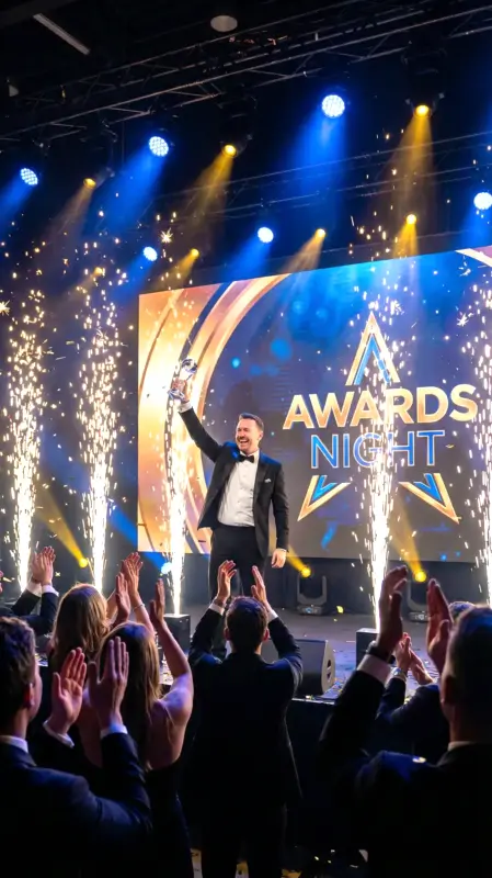 Cerimonia di premiazione aziendale con palco illuminato ed effetti scenografici