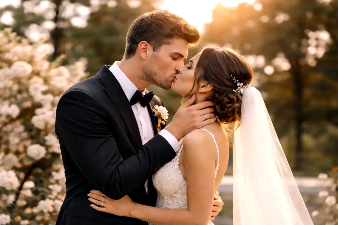 Sposi felici che si baciao al loro durante il ricevimento di nozze	